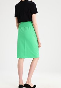 Green elastic waistband skirt, knee-length, smooth texture, paired with a fitted black t-shirt, featuring short sleeves and a classic cut.