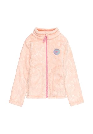 Giacca zip-up fuzzy rosa chiaro con colletto alto, maniche lunghe, tasche laterali e patch rotondo viola sul petto sinistro.