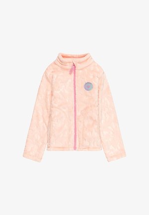 Hellrosa, flauschige Reißverschlussjacke mit hohem Kragen, langen Ärmeln, Seitentaschen und rundem lila Logo-Patch auf der linken Brust.