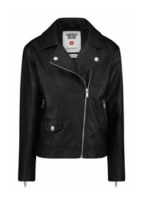 Giacca da moto nera in pelle sintetica con chiusura zip, accessori metallici, bottoni a pressione e tasche frontali. Presenta un design del colletto asimmetrico.