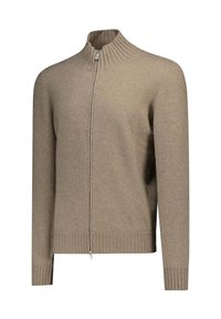Maglione beige con zip e colletto a lupetto a coste. Presenta maniche lunghe e un tessuto liscio e strutturato. Design minimalista.