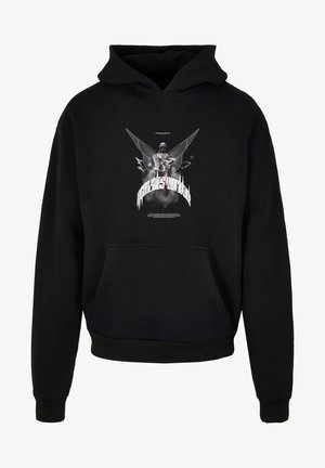 Czarna bluza z kapturem z przednią kieszenią w kształcie kangura, z grafika przedstawiającą postać ze skrzydłami oraz tekstem w białym i szarym kolorze. Materiał mieszanka bawełny.