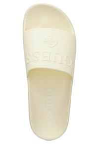 Sandalo scivoloso color crema realizzato in gomma, con testo del marchio in rilievo sulla fascia e una superficie liscia con una soletta sagomata.