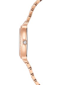 Horloge van roségoud en zilver, met een ronde kast, een gestructureerde lunette en een armband met schakeldesign. Kleine siersteen bij de kroon.