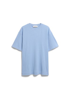 Hellblaues Kurzarm-T-Shirt aus Waffelstrick mit Rundhalsausschnitt und lockerem Schnitt, auf weißem Hintergrund dargestellt.