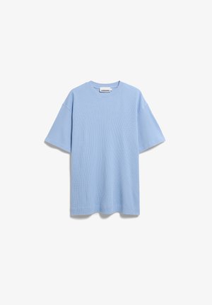 Hellblaues Kurzarm-T-Shirt aus Waffelstrick mit Rundhalsausschnitt und lockerem Schnitt, auf weißem Hintergrund dargestellt.