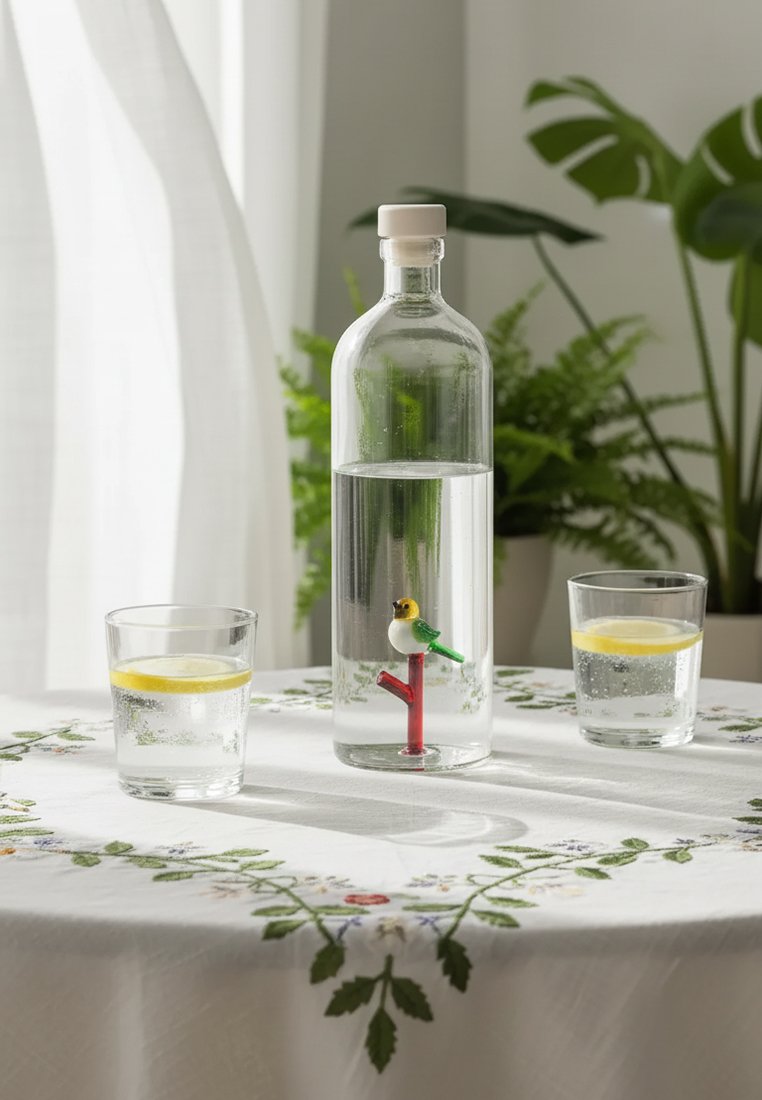 Szklana butelka wypełniona wodą z małą dekoracją w kształcie ptaka w środku, umieszczona na haftowanym obrusie wraz z dwoma szklankami wody i plasterkami cytryny.