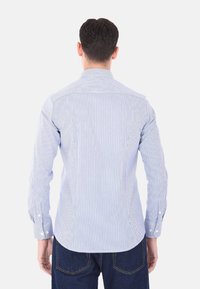 Camicia di cotone azzurro chiaro a righe con colletto button-down, maniche lunghe e orlo curvo, caratterizzata da una superficie liscia e una vestibilità standard.