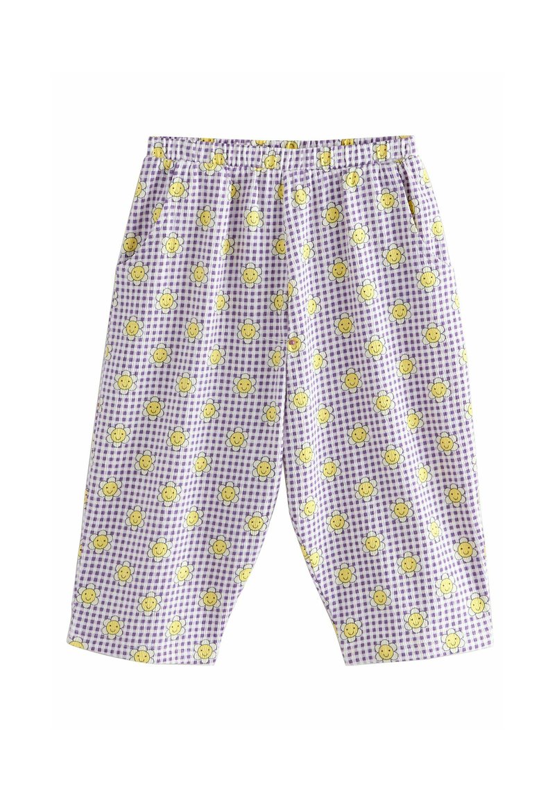 Lila karierte Hose mit gelben lächelnden Blumen, elastischem Bund und seitlichen Taschen, aus einem leichten Stoff gefertigt.