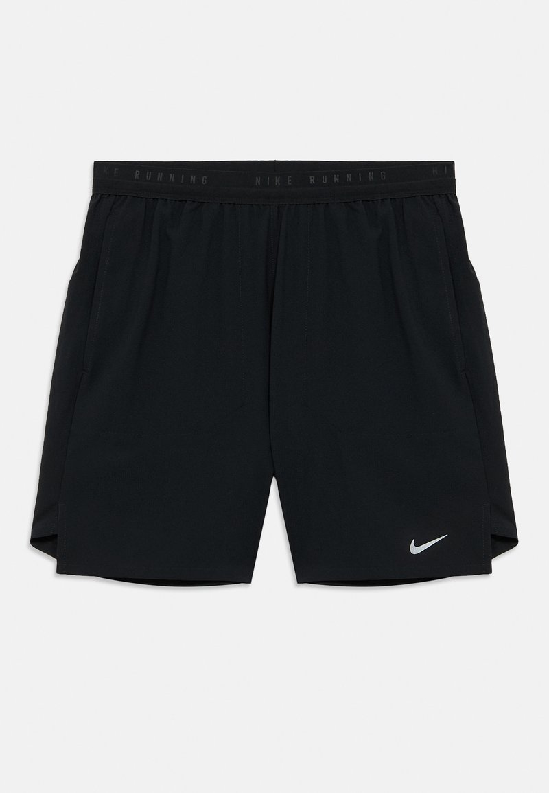 Shorts de course noirs Nike avec une ceinture élastique portant le texte "NIKE RUNNING", des poches latérales et un logo argenté réfléchissant sur le côté inférieur gauche.