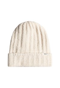 Beanie a maglia di colore crema con coste verticali, morbida al tatto e con bordo ripiegato. Presenta un piccolo etichetta "ROXY" sul lato.