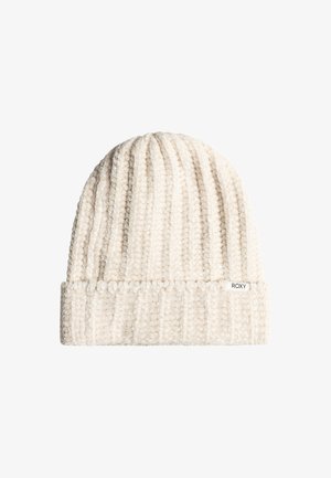 Kremowy dzianinowy czapka z pionowym prążkowaniem, miękka w dotyku, z podwiniętym mankietem. Posiada małą metkę "ROXY" po boku.
