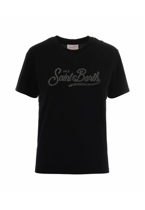 Zwarte T-shirt met korte mouwen en ronde hals, met de tekst "Saint Barth" in strass steentjes centraal op de borst.