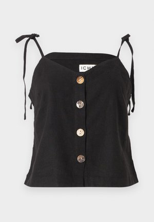 Black linen camisole with a V-neck, adjustable tie straps, and five prominent buttons in various materials down the front.