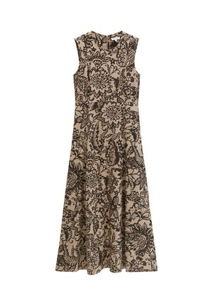 Mouwloze beige jurk met zwarte, ingewikkelde bloemen- en bladpatronen, nauwsluitend lijfje en uitlopende rok.