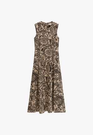 Robe beige sans manches avec des motifs floraux et feuillages noirs complexes, corsage ajusté et jupe évasée.