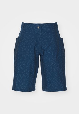 Navyblauwe shorts met een geometrisch patroon, lichtgewicht stof, twee zijzakken en een zilveren knoopsluiting in de taille.