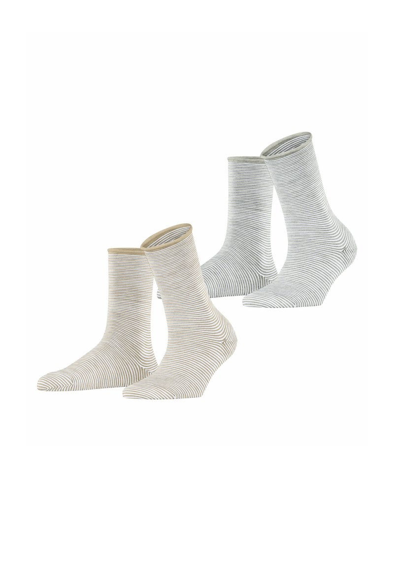Gestreepte sokken in beige en lichtblauw met ribbels aan de manchet. Zacht materiaal met dunne, afwisselend horizontale strepen voor textuur en ontwerp.
