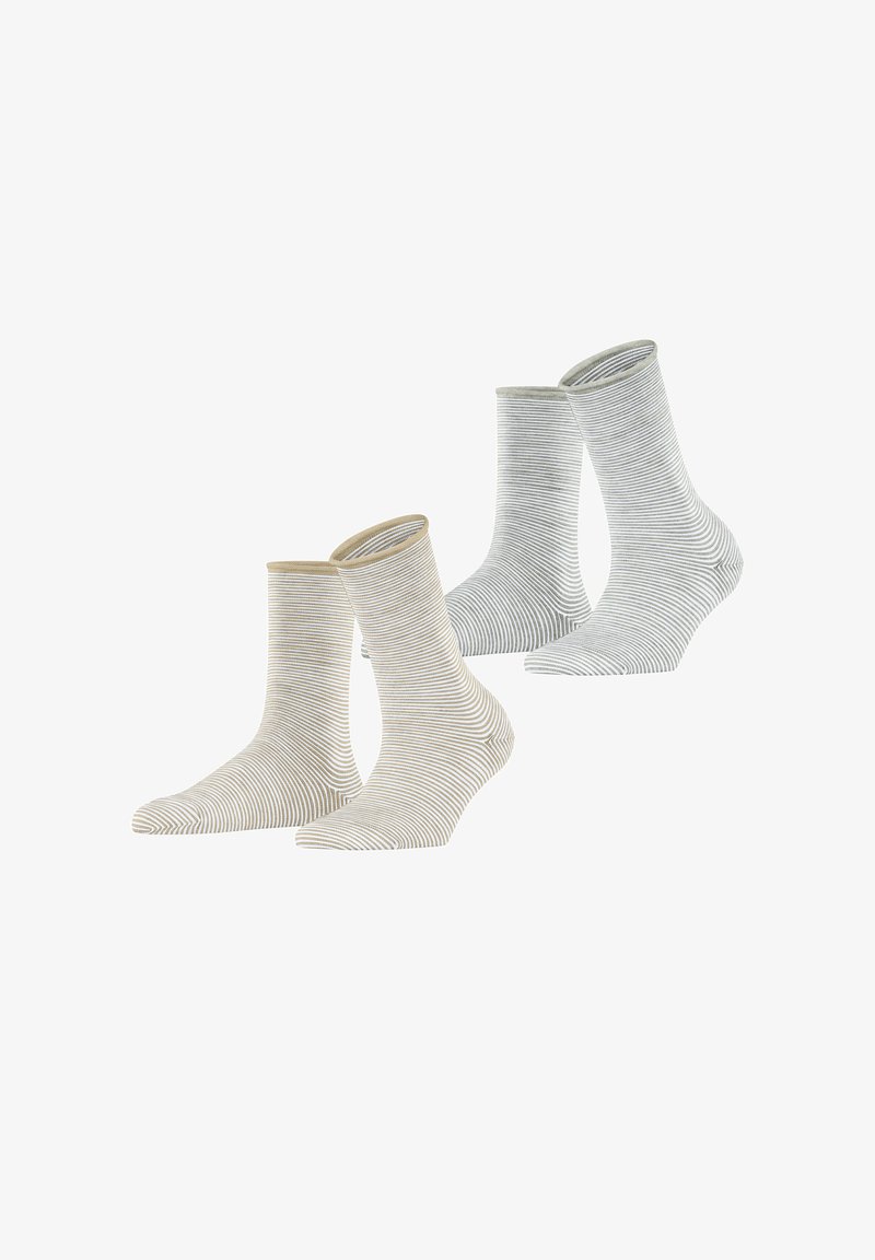 Striped socks in beige and light blue with ribbed cuffs. Soft material with thin, alternating horizontal lines for texture and design.