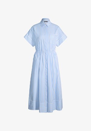 Robe midi à rayures verticales bleues et blanches, manches courtes, col, taille élastique, boutons sur le devant, et une poche poitrine à rayures horizontales.