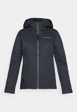 Chaqueta de invierno negra con capucha, cierre frontal y puños ajustables, con un pequeño logotipo blanco de "Peak Performance" en el pecho.