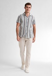 Korte mouwen, knoopshirt met blauwe, grijze en witte strepen. Gemaakt van lichtgewicht stof; gecombineerd met beige linnen broek en witte sneakers.
