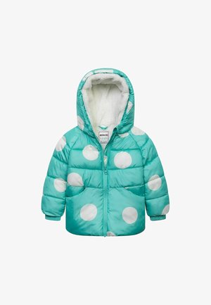 Türkiissinine puffjakker, millel on suured valged täpid, lukuga ees ja pehme valge fliisilining. Omaduseks on kapuuts ja kaks eesmist taskut.