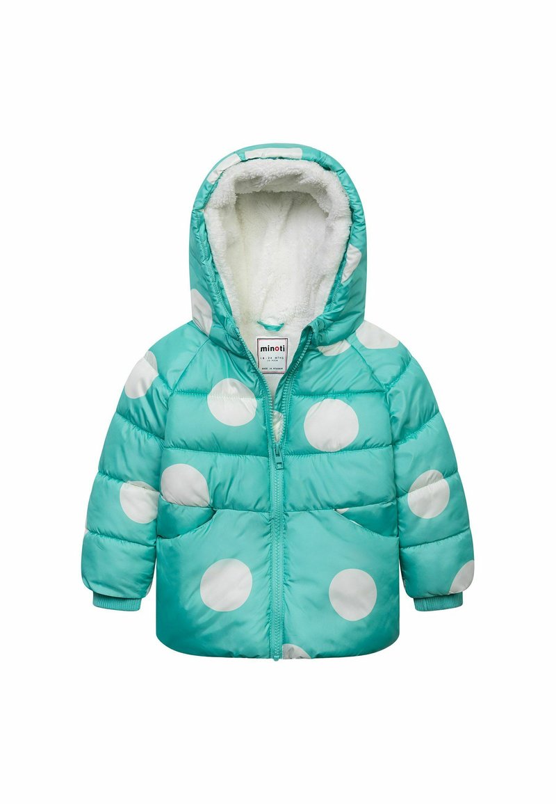Tyrkysová péřová bunda s velkými bílými puntíky, se zipem vpředu a měkkou bílou fleece podšívkou. Má kapuci a dvě přední kapsy.