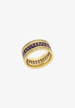 Goldring mit marquiseförmigen lila Steinen, akzentuiert mit kleinen klaren Steinen, in einer glatten zylindrischen Form und mit innerer Gravur.