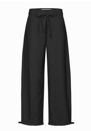 Wide-leg black trousers made from a lightweight fabric, featuring a drawstring waist, front pleats, and side openings at the hem.