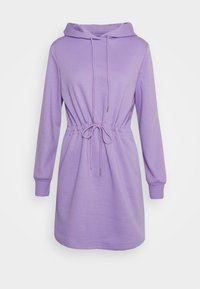 Robe à capuche violette en tissu doux. Comprend des manches longues, une taille à cordon de serrage et des poignets côtelés. Style décontracté avec une coupe ample.