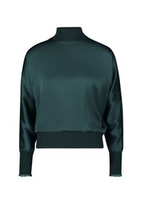 Jersey de satén de color verde oscuro con cuello alto. Cuenta con puños acanalados con detalle de volantes. Corte relajado y textura suave.
