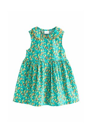 Robe turquoise sans manches pour tout-petit avec imprimé floral orange et jaune, boutons en bois à l’avant, et col arrondi avec bordure orange.