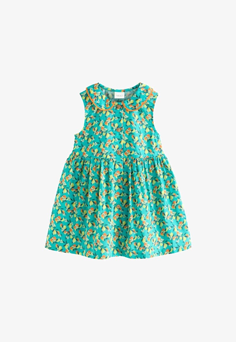 Robe turquoise sans manches pour tout-petit avec imprimé floral orange et jaune, boutons en bois à l’avant, et col arrondi avec bordure orange.