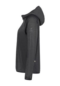 Schwarze Kapuzenjacke mit strukturiertem Muster, tailliertem Design, langen Ärmeln und elastischen Bündchen, mit einem Logo auf der rechten Schulter.