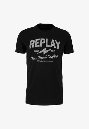 Sort bomulds T-shirt med fed hvid grafisk tekst, der har mærkenavnet "REPLAY" samt yderligere slogans, rund hals, korte ærmer.