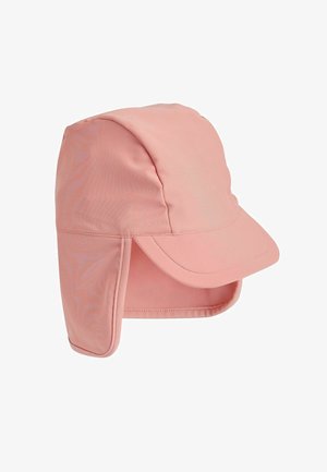 Cappello da sole rosa con ampia visiera e alette sul retro, realizzato in tessuto leggero, con una sottile texture e cuciture rinforzate.