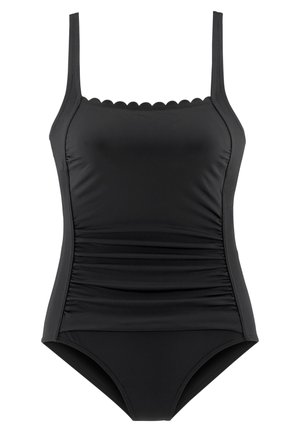 Costume da bagno nero con un design arricciato, spalline regolabili e scollatura a onda. Realizzato in materiale liscio ed elastico.