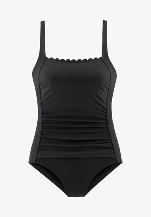 Black swimsuit featuring a ruched design with adjustable spaghetti straps and a scalloped neckline. Made of smooth, stretchy material.