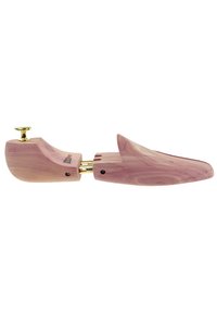 Holzschuhdehner in einem hellen Rosa-Ton, mit konischem Design, verstellbarer Metallbeschläge und einem Knopf zur Spannungsregelung. Glatte Textur.