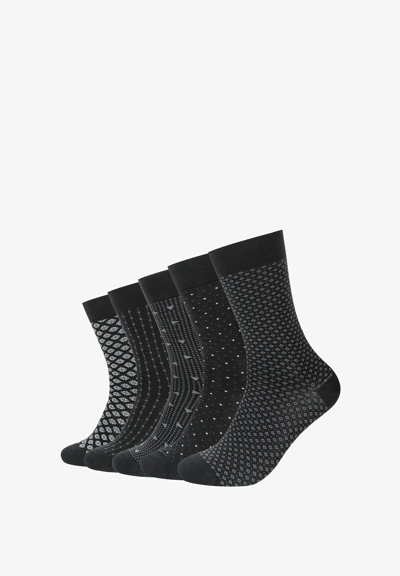 Fem par sorte sokker med forskellige mønstre: diamanter, prikker og geometriske design. Blødt stof med ribbede manchetter.