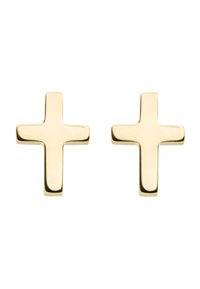 Goldene Ohrringe in Form eines Kreuzes mit einer polierten Oberfläche. Jeder Ohrring hat eine flache Oberfläche und abgerundete Kanten, die ungefähr gleich groß sind.