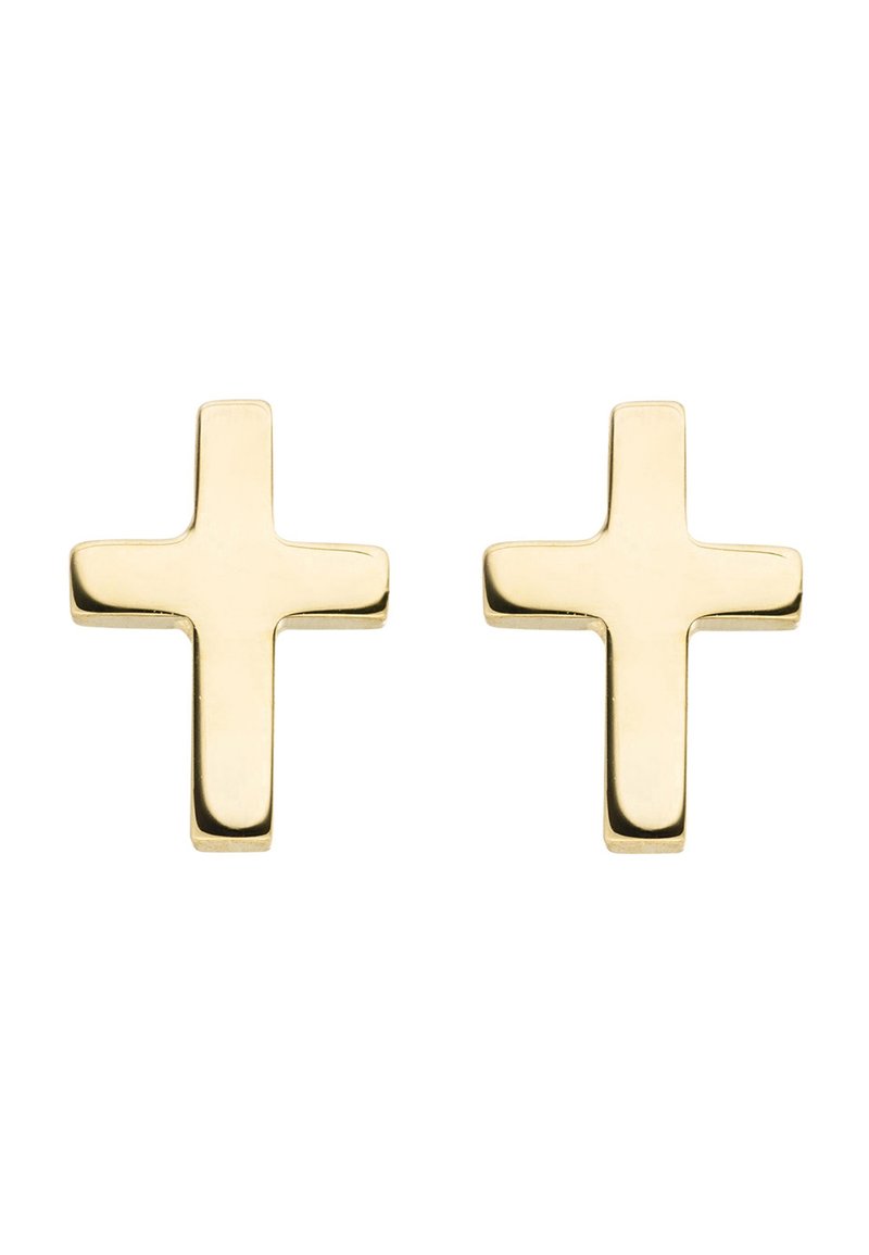 Goldene Ohrringe in Form eines Kreuzes mit einer polierten Oberfläche. Jeder Ohrring hat eine flache Oberfläche und abgerundete Kanten, die ungefähr gleich groß sind.
