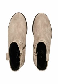 Suede-Ankleboots in hellbeige mit runder Zehenform, seitlichem Reißverschluss und kleinem Absatz. Weiche Textur und minimale Verzierungen.