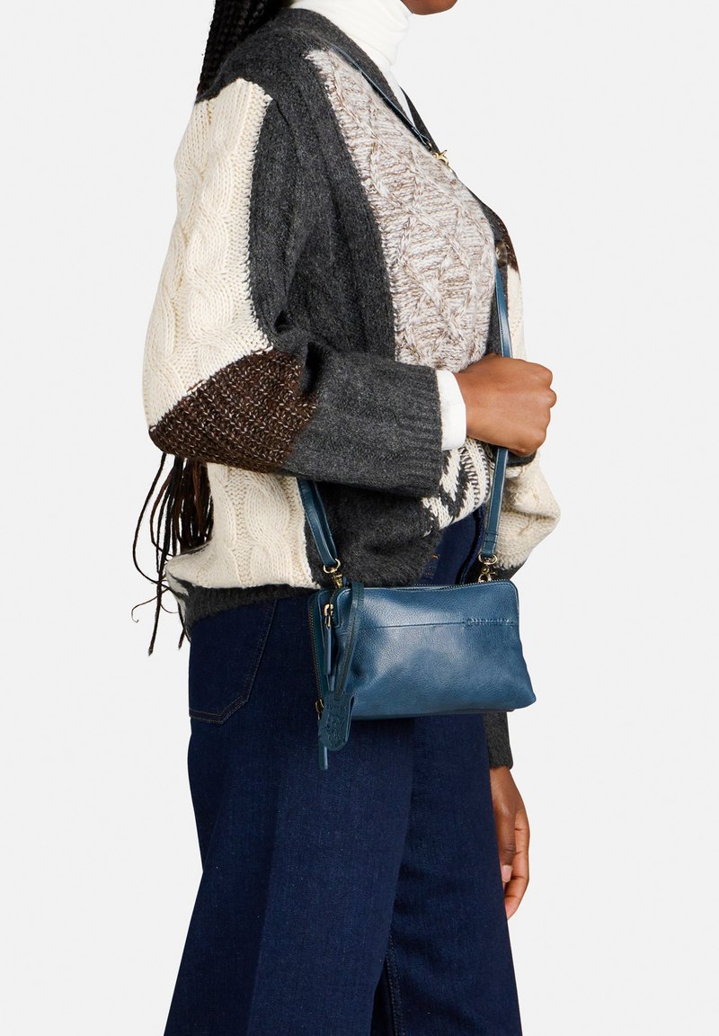 Blauwe leren schoudertas, rechthoekige vorm, ritssluiting, verstelbare schouderband, met een decoratieve label. Gedragen met een gebreide trui met meerdere patronen.