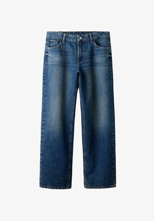 Jeans in denim blu con una vestibilità rilassata, caratterizzati da gamba dritta, cinque tasche e leggere sfumature. Tessuto resistente con un design classico.