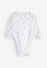 Hvid langærmet bodystocking med en ribbet tekstur, der har rosa stjernemønstre, knaplukninger i bunden og en rund halsudskæring.