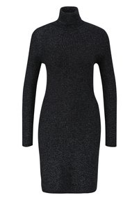 Robe pull noire à manches longues avec col roulé, parsemée de fines paillettes argentées, avec une silhouette ajustée.