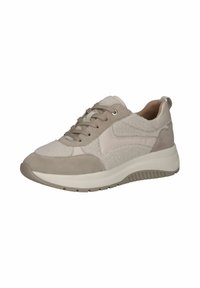 Beige spordijalatsid erinevate materjalidega: pehme karvjas pealis, sametised aktsendid, tekstuuriga külgpaneelid ja paks valge vaheosa. Kinnitatavad paelad.