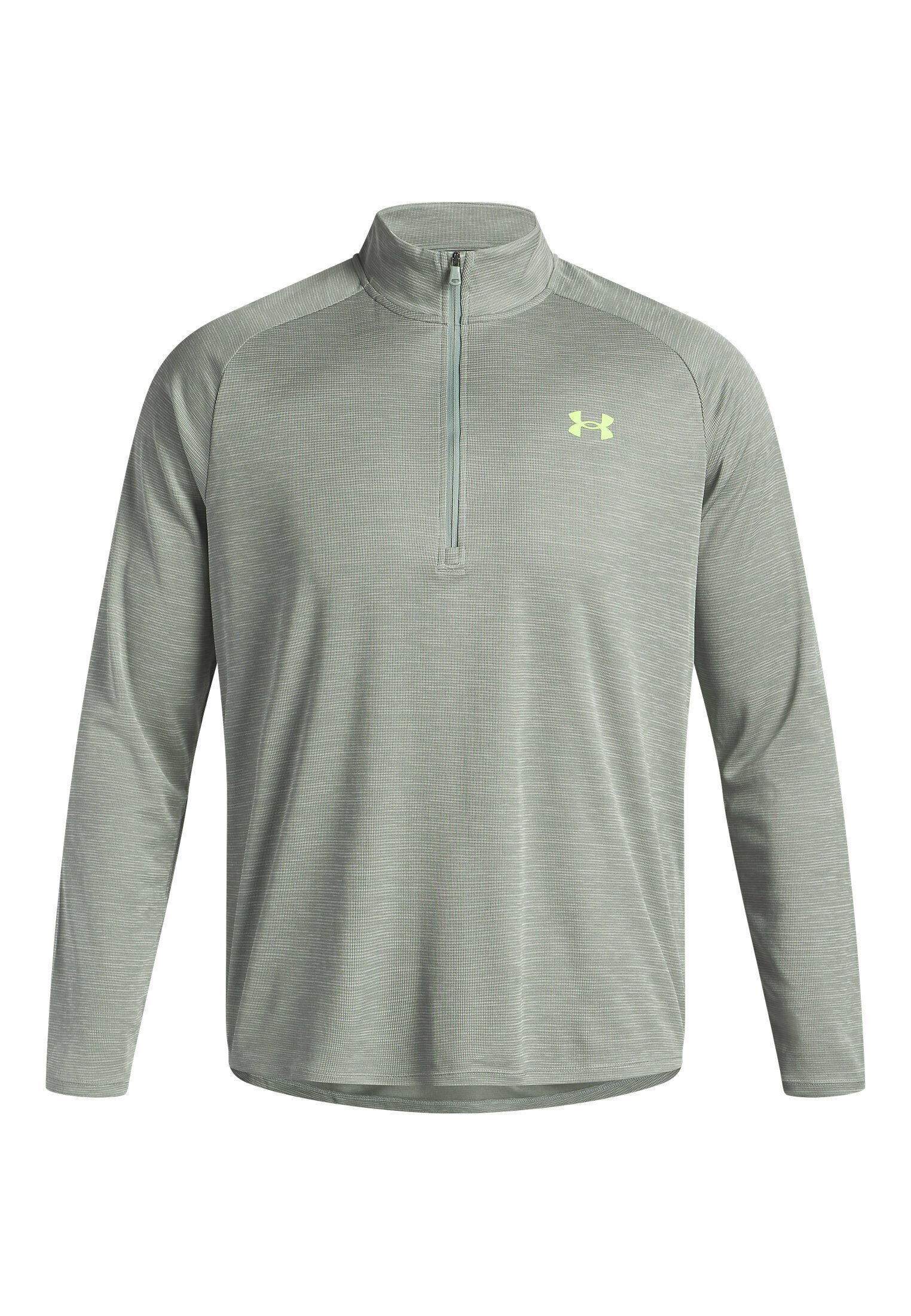 Pull-over de sport vert clair avec un col zippé mi-hauteur, manches longues, tissu texturé et un petit logo jaune sur la poitrine.